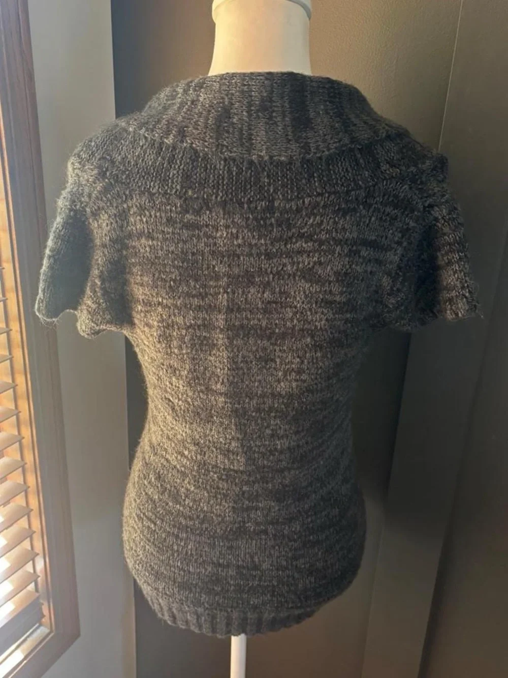 SayWhat Gray Shawl Collar Short Sleeve Sweater Top Large Y2K